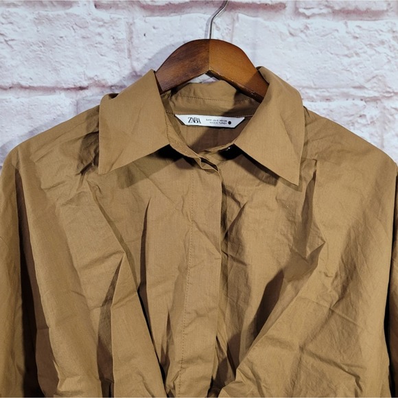 Zara Dark Tan Long Sleeve Cropped Poplin Button Front Shirt - Picture 3 of 14